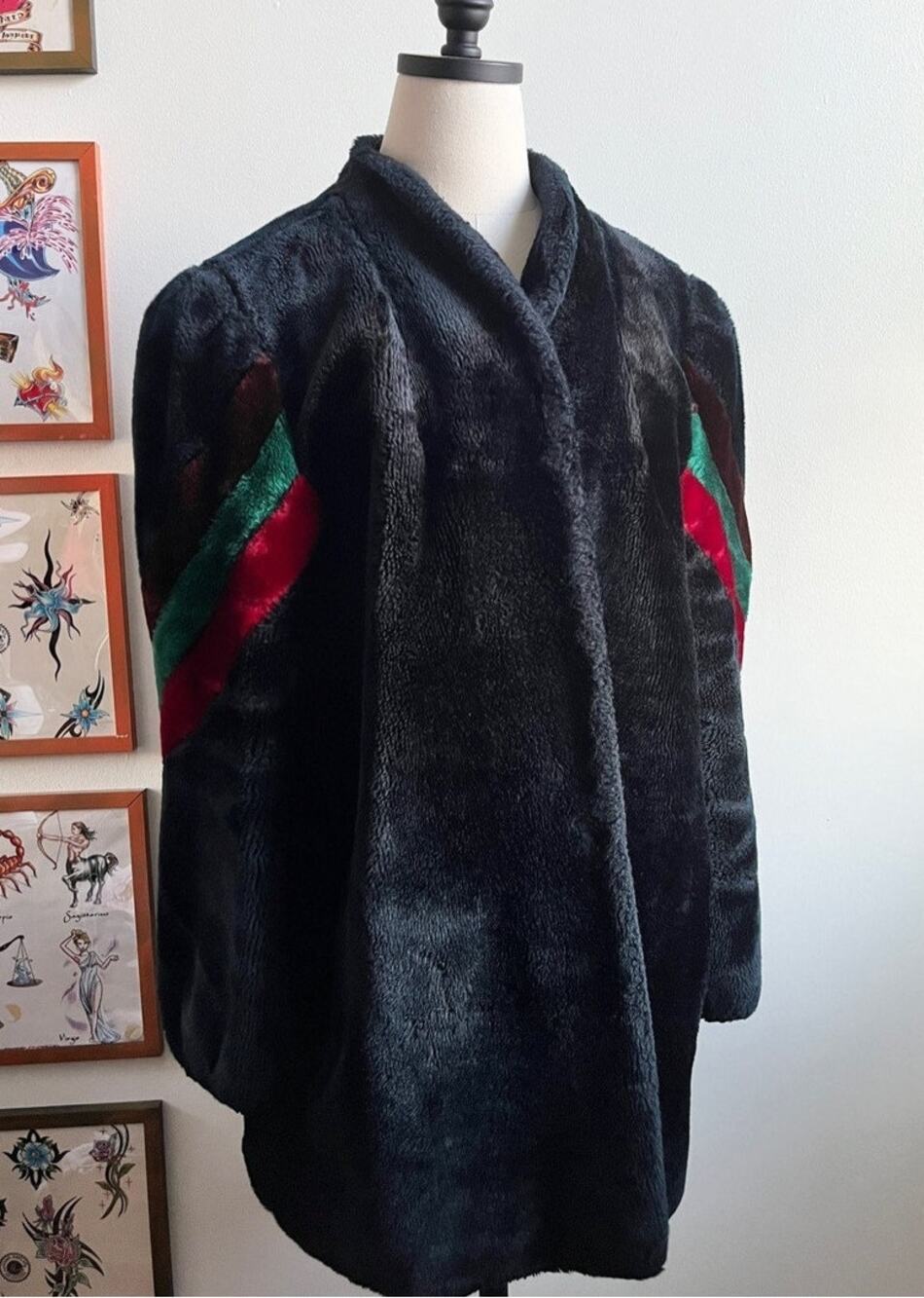 Vintage 80s Faux Fur Coat | Plush Oversized Jacket | Black Red Colorblock | M/L